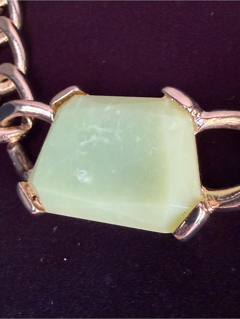 Vintage necklace large gold tone link. Mint green resin pendant.
